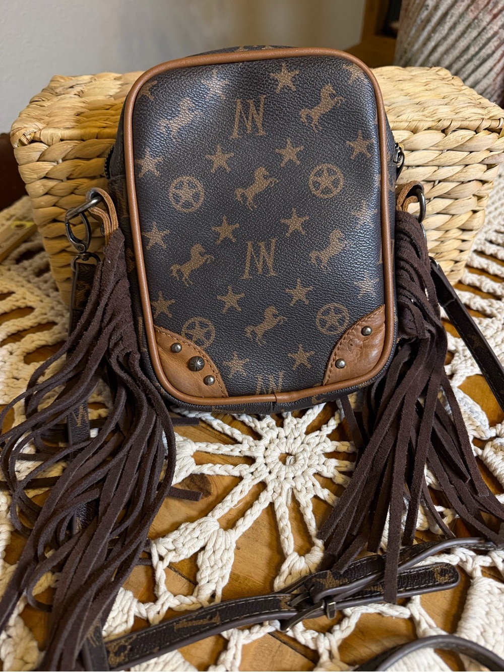 Montana West Western Fringe Crossbody Bag Brown Monogram Phone Purse Boho